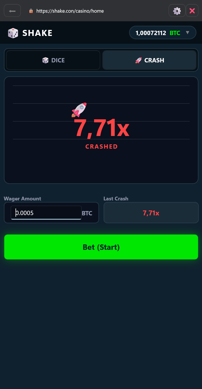 Shake Krypto-Casino – Crash und Dice mit Bitcoin-Einsatz