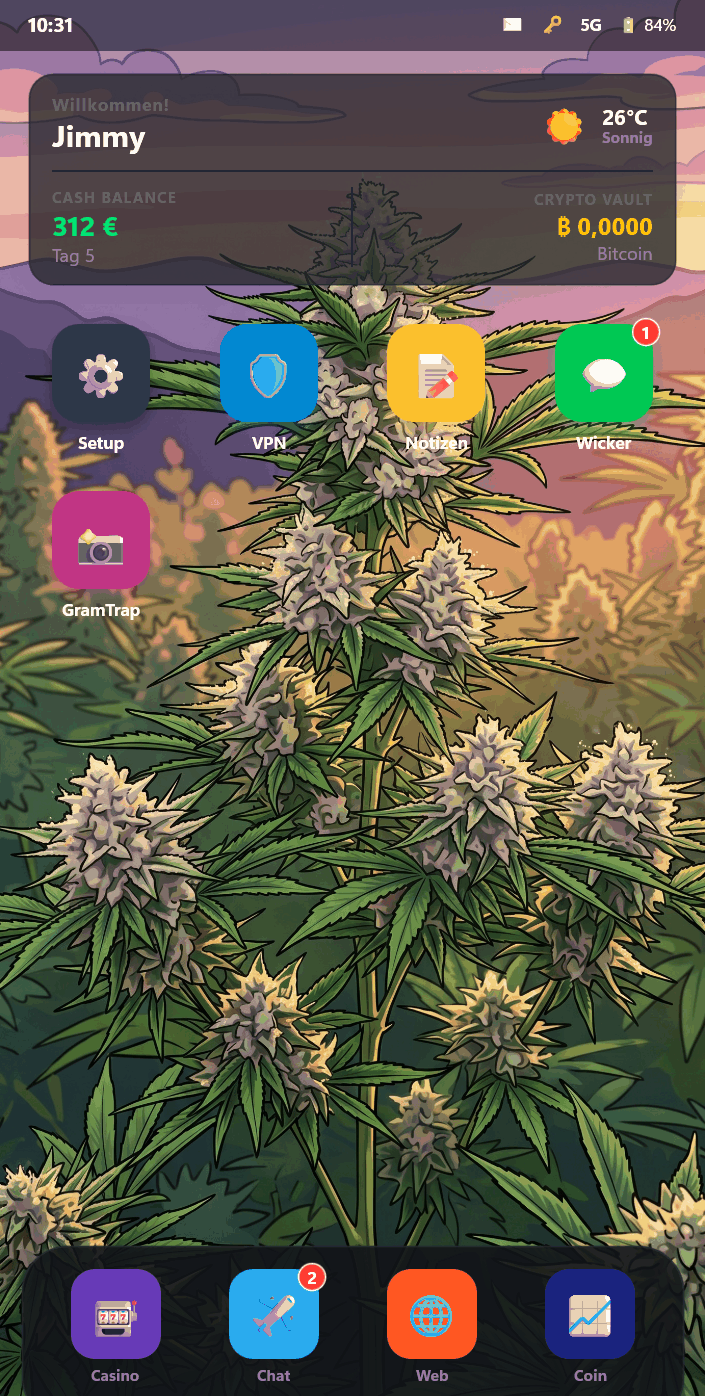 TrapPhone Home-Screen mit App-Sammlung: VPN, Browser, Teletrap, GramTrap, Casino
