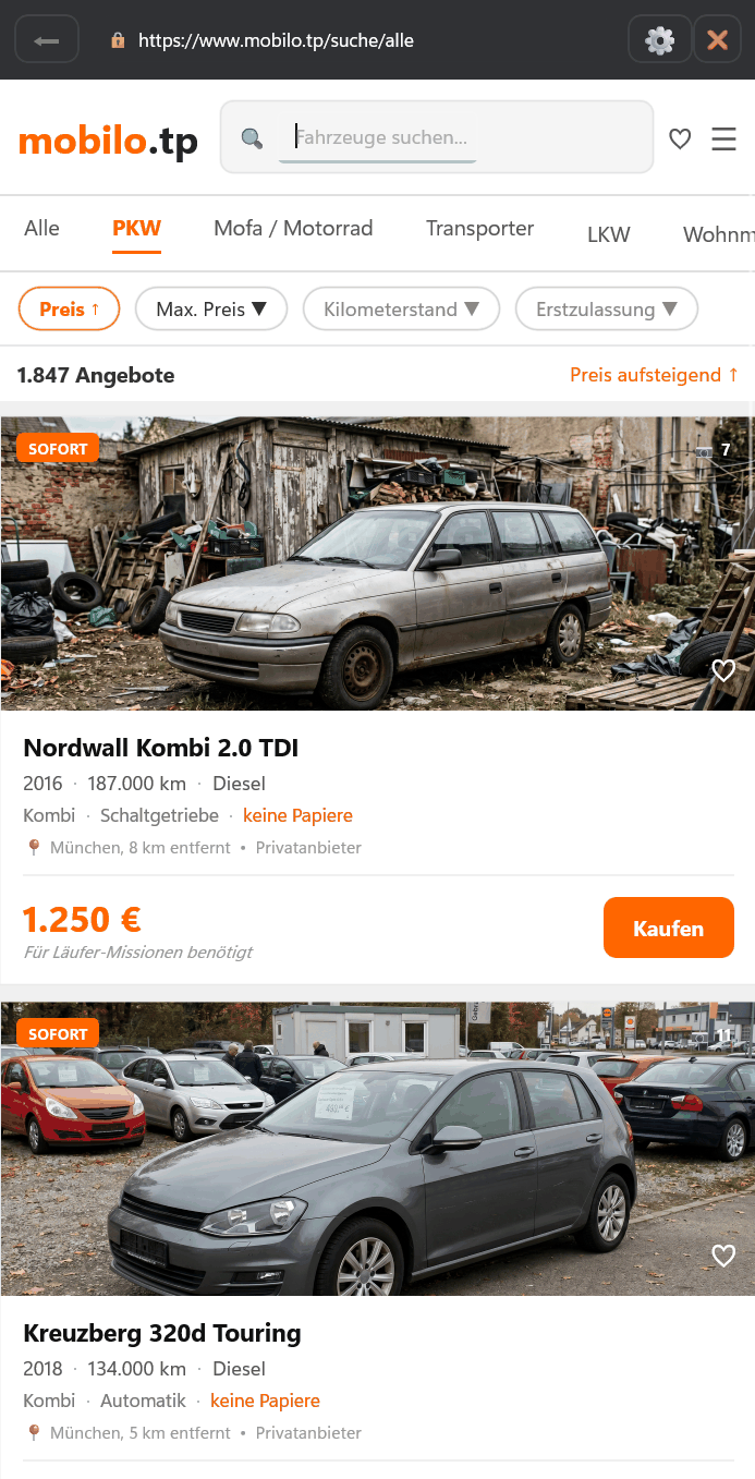 mobilo.tp – Gebrauchtwagenmarkt im Spiel zum Kauf von Fahrzeugen