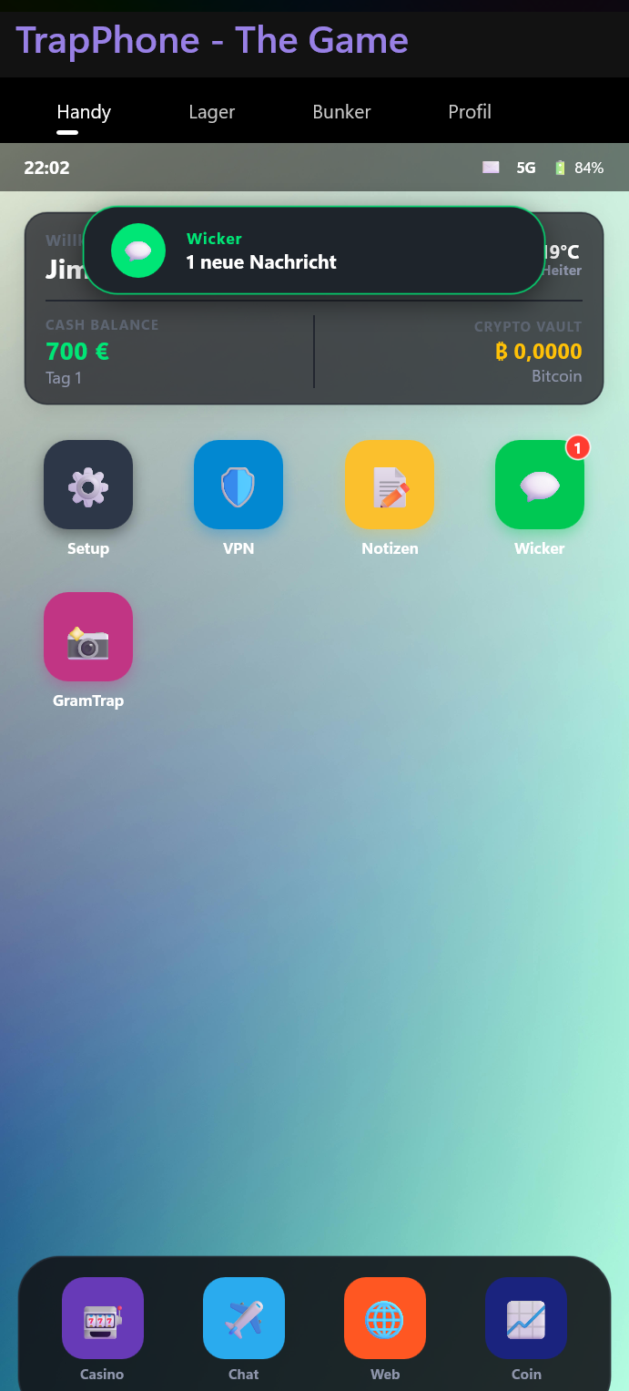 TrapPhone Homescreen mit Wicker Push-Benachrichtigung