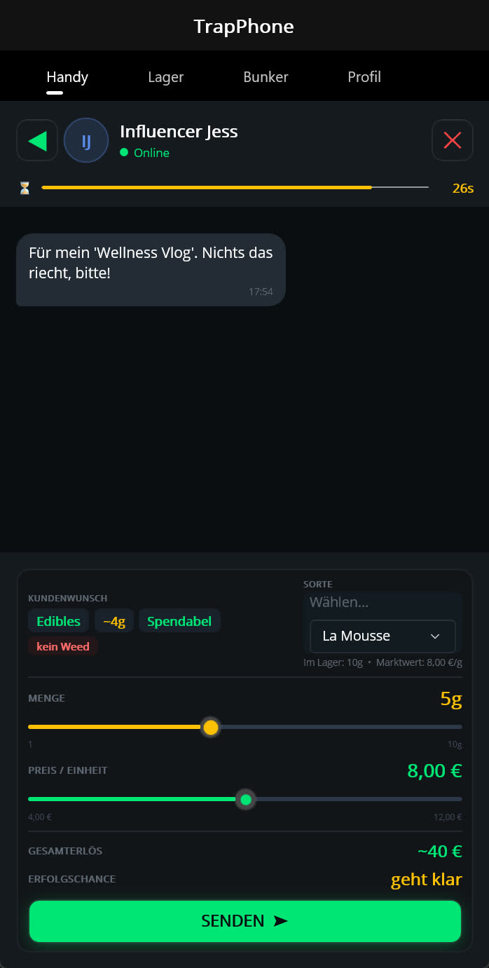 Verhandlung mit einer Kundin im Wicker-Messenger, Regler für Menge und Preis