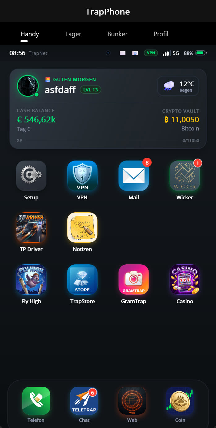 Homescreen des TrapPhone mit allen Apps, Kontostand und Level-Anzeige