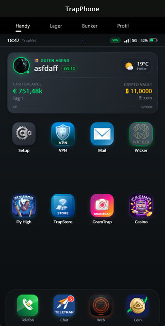 Homescreen mit App-Kacheln und Statusleiste