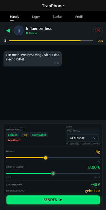 Verhandlung mit einer Kundin im Wicker-Messenger, Regler für Menge und Preis