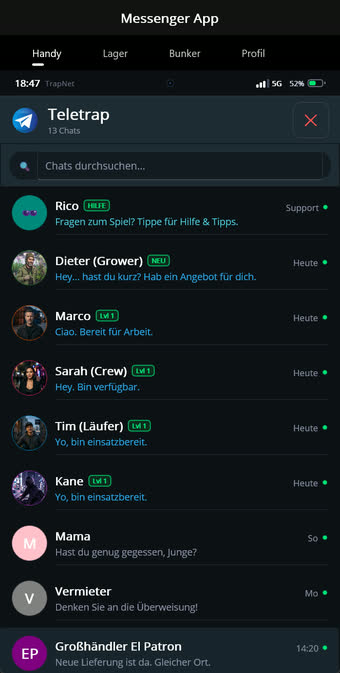 Teletrap-Messenger mit den Chats der Läufer-Crew