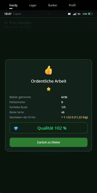 Ergebnis des Trimmens mit Qualitätswert über hundert Prozent