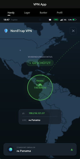 VPN-App mit verbundenem Server und Statusanzeige