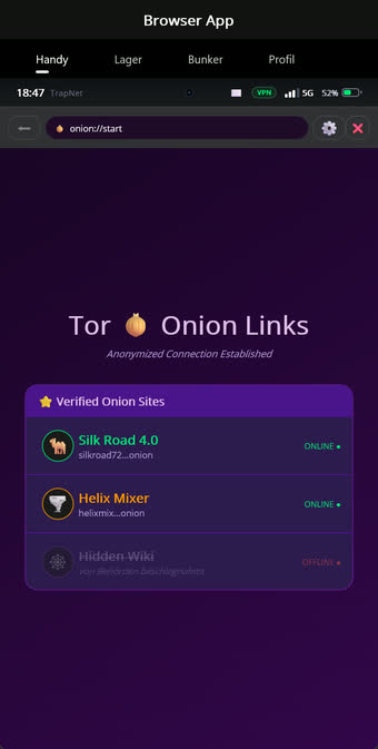 Tor-Startseite mit einer Liste von Onion-Adressen