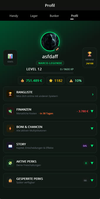Spielerprofil mit Level, Ruhm, Risiko und Achievements