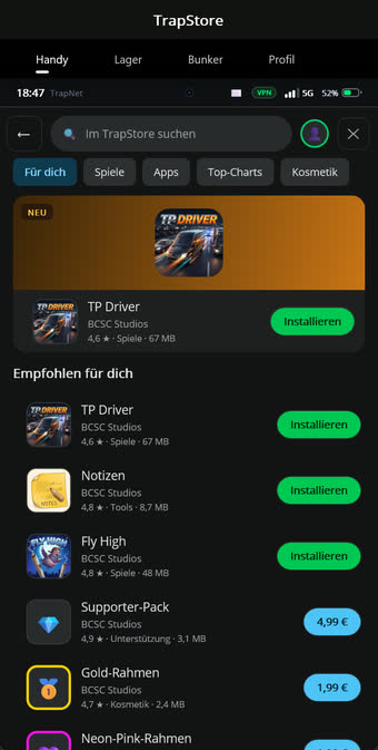 TrapStore mit App-Kacheln, Kategorien und Bewertungen