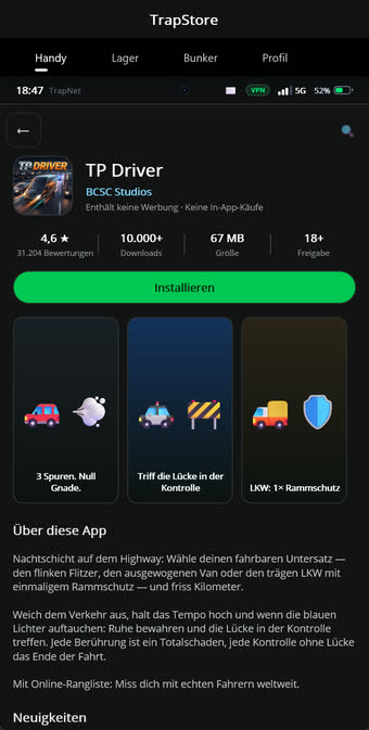 TrapStore-Detailseite einer App mit Beschreibung und Rezensionen
