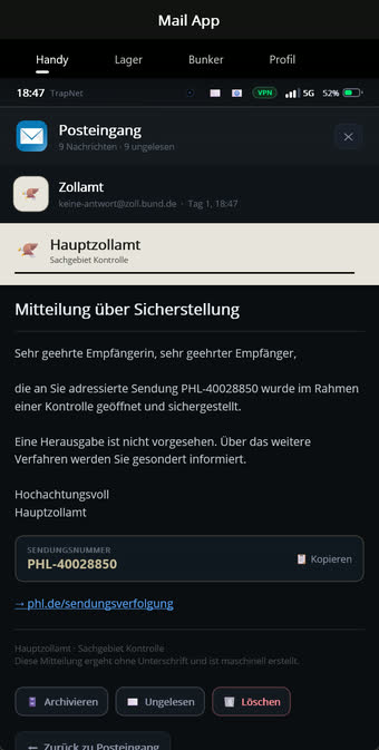 Amtliche Mitteilung des Zolls über eine Sicherstellung