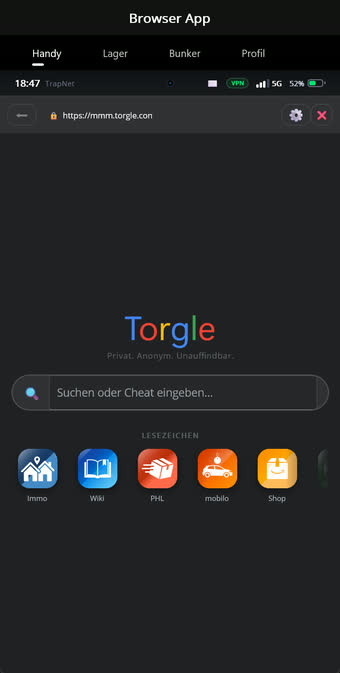 Torgle-Suchmaschine im Browser mit Lesezeichen