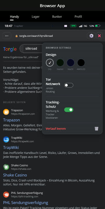Browser-Einstellungen mit dem Schalter für die Tor-Verbindung