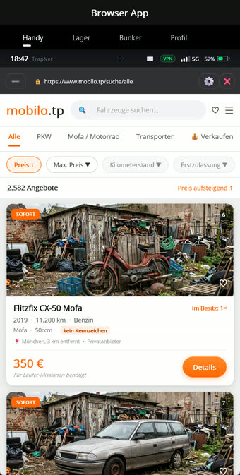 Fahrzeugmarkt mit Angeboten vom Mofa bis zum Sportwagen