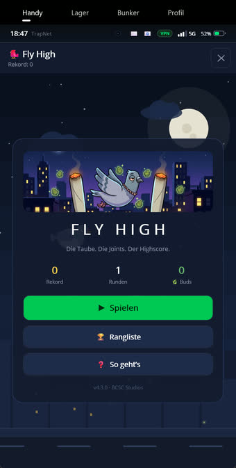 Hauptmenü des Minispiels Fly High mit Highscore