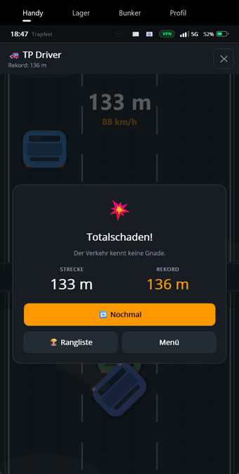 Totalschaden-Bildschirm in TP Driver mit der erreichten Distanz