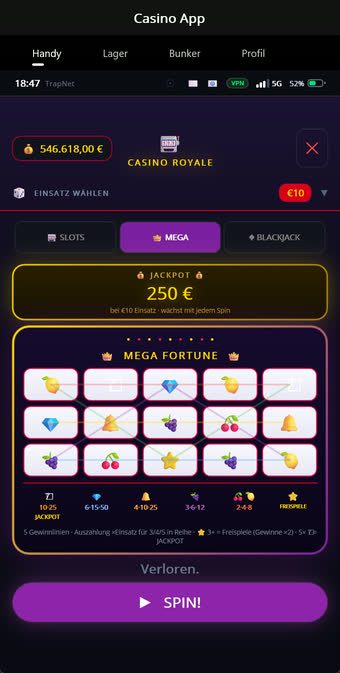 Mega Fortune mit fünf Gewinnlinien und Jackpot-Anzeige