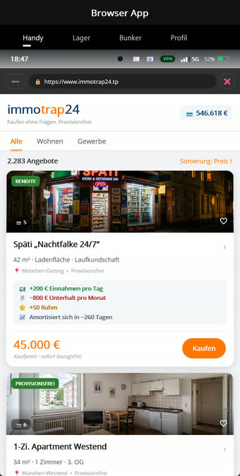 Immobilienportal mit Objekten und Tageseinnahmen