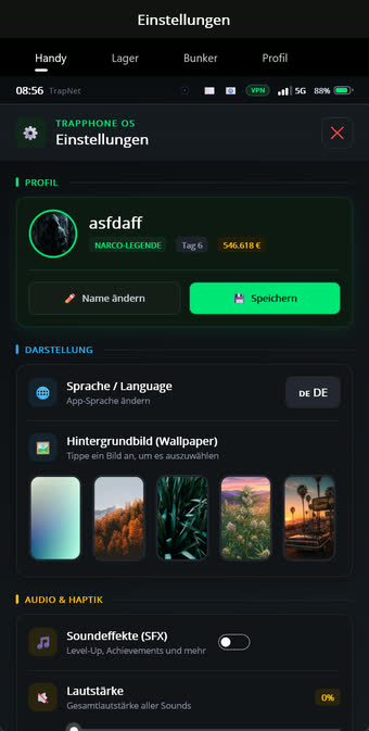 Einstellungen mit Sprache, Wallpaper und Sound