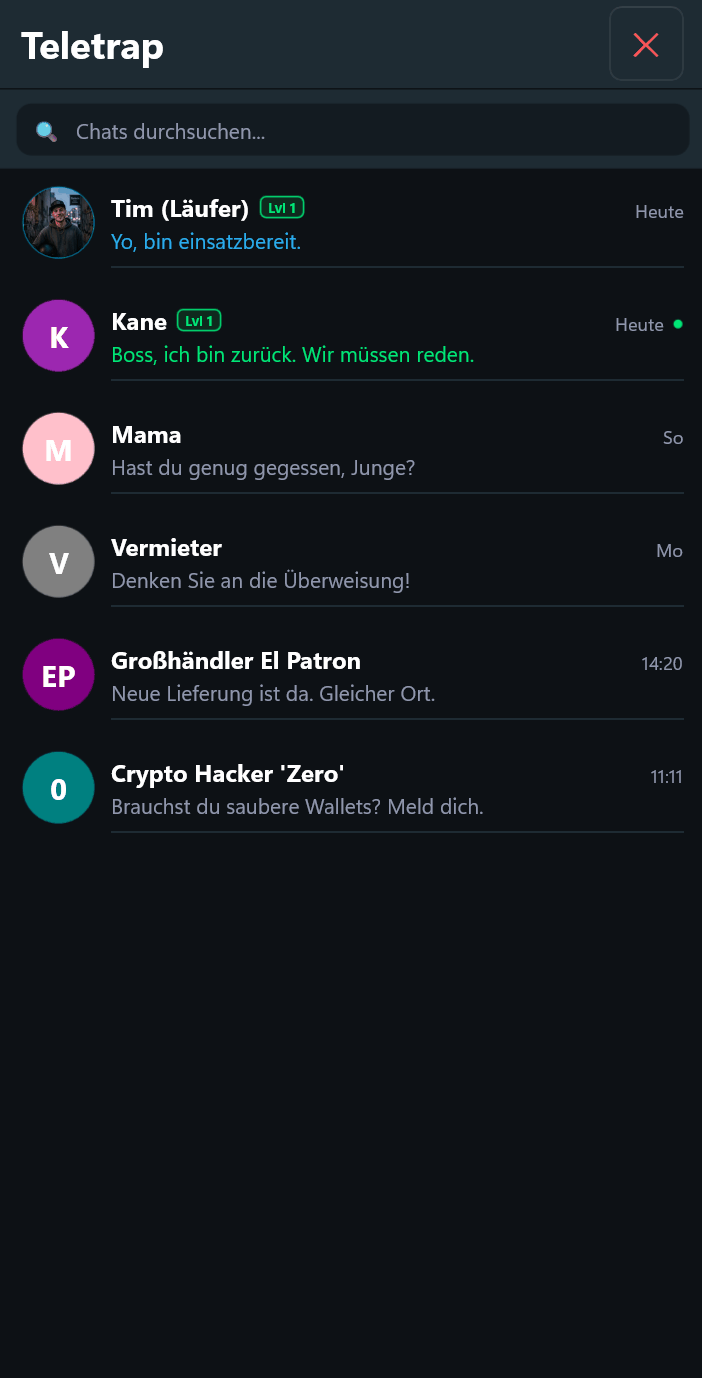 Teletrap-Messenger – Läufer-Crew und geheime Kontakte chatten mit dem Spieler